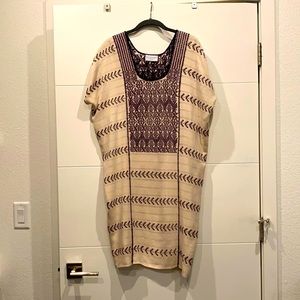 EXQUISITE RARE —Mi Golondrina beige & purple Huipil — hand woven dress S —NWT
